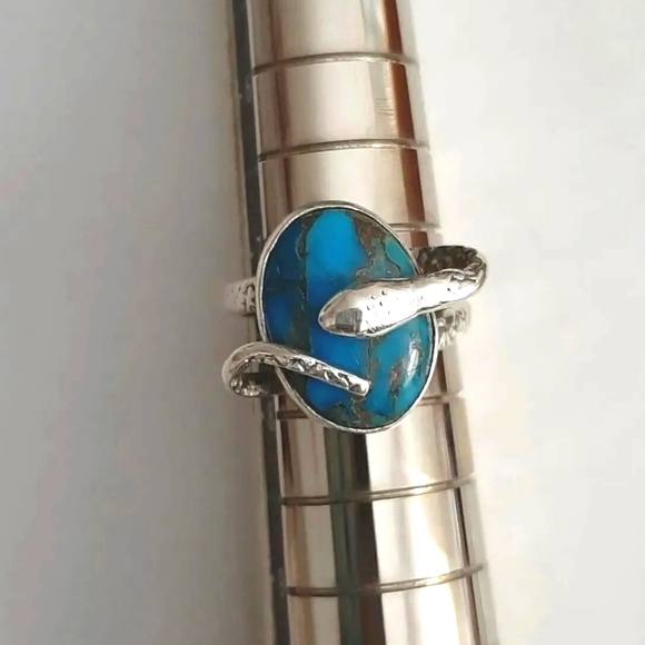Solid 925 Sterling Silver, Navajo Snake-wrapped deep blue turquoise ring. - Picture 3 of 5